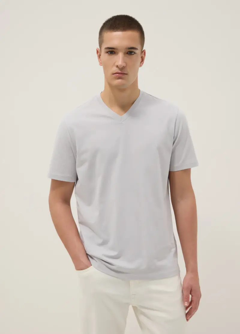 T-shirt In Puro Cotone Grigio Regular Fit Con Collo A V, Uomo, Grigio
