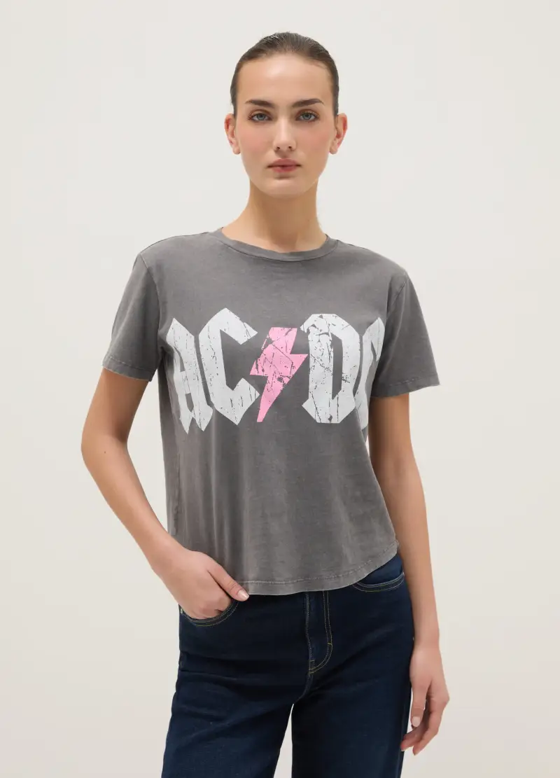 T-shirt In Puro Cotone Grigio Regular Fit Con Stampa Ac/dc, Donna, Grigio