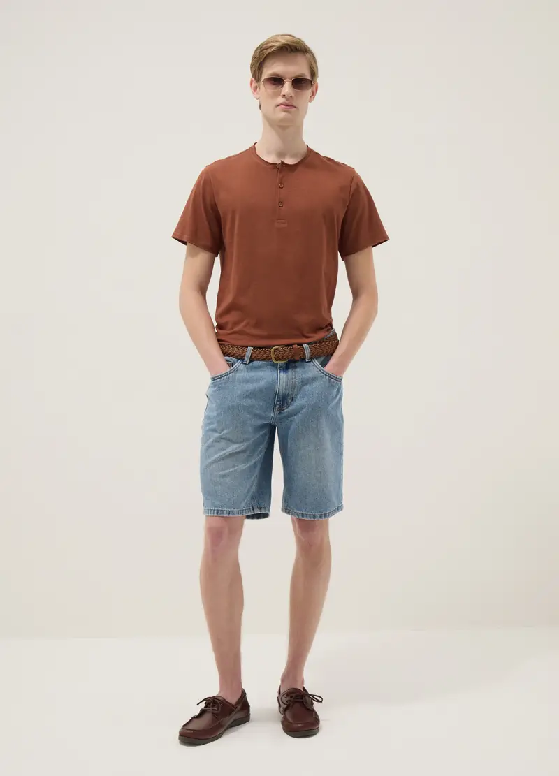 T-shirt In Puro Cotone Marrone Regular Fit Con Collo Serafino, Uomo, Marrone miniatura 2