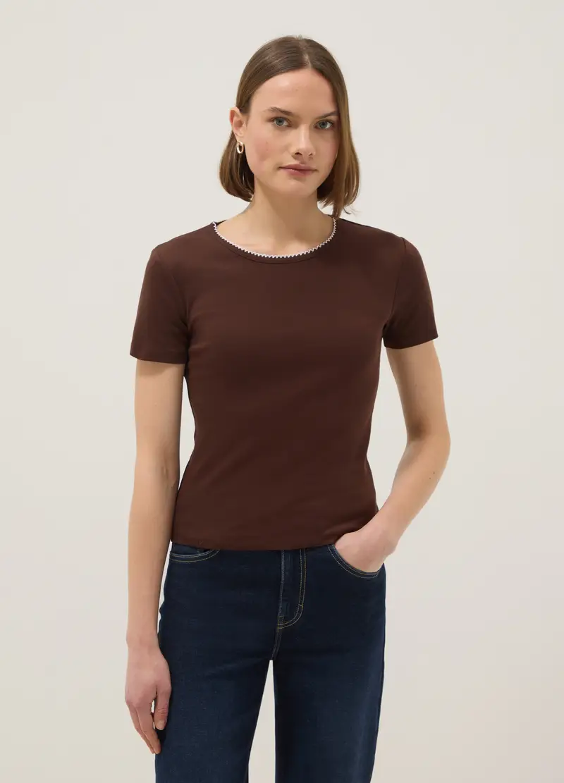 T-shirt In Puro Cotone Marrone Regular Fit Con Cucitura A Contrasto, Donna, Marrone