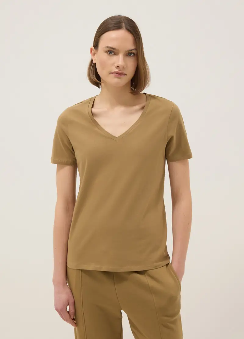 T-shirt In Puro Cotone Marrone Regular Fit Con Scollo A V, Donna, Marrone