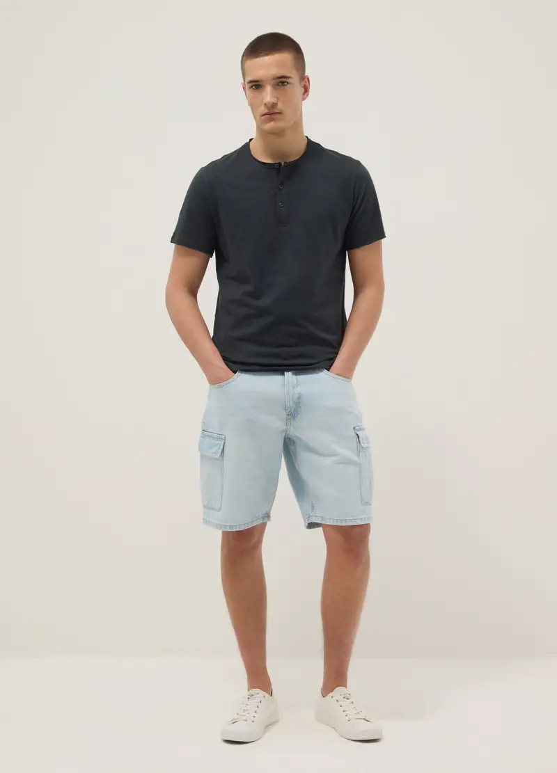 T-shirt In Puro Cotone Nera Regular Fit Con Collo Serafino, Uomo, Nero miniatura 3