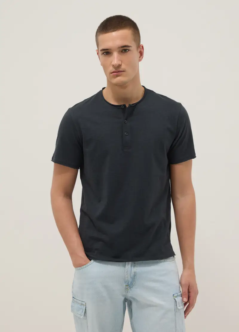 T-shirt In Puro Cotone Nera Regular Fit Con Collo Serafino, Uomo, Nero