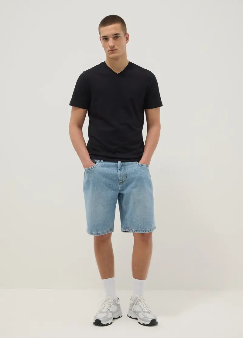 T-shirt In Puro Cotone Nero Regular Fit Con Collo A V, Uomo, Nero miniatura 2