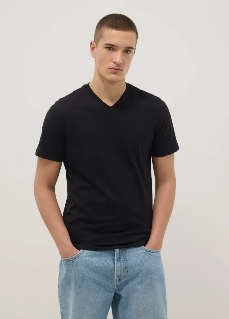 T-shirt In Puro Cotone Nero Regular Fit Con Collo A V, Uomo, Nero