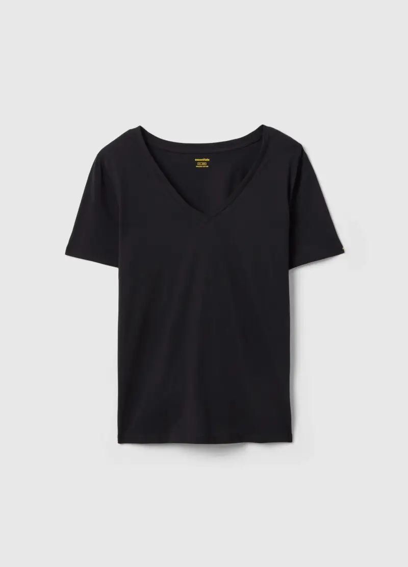 T-shirt In Puro Cotone Nero Regular Fit Con Scollo A V, Donna, Nero