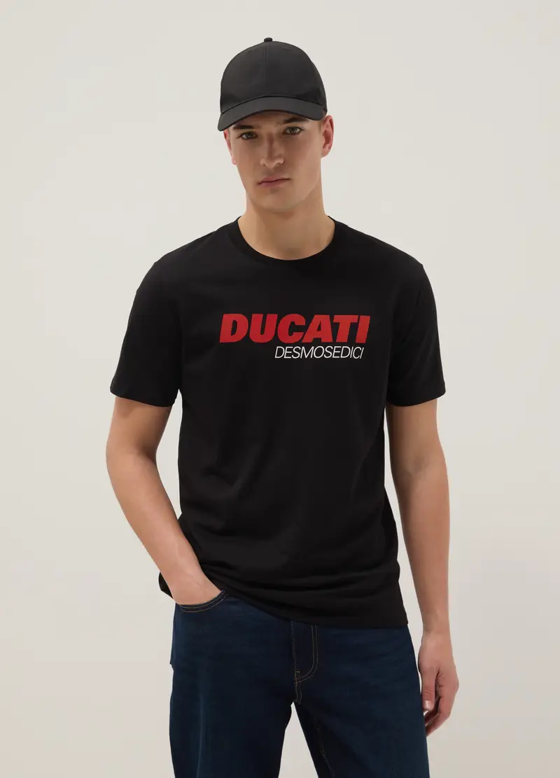 T-shirt In Puro Cotone Nero Regular Fit Con Stampa Ducati, Uomo, Nero
