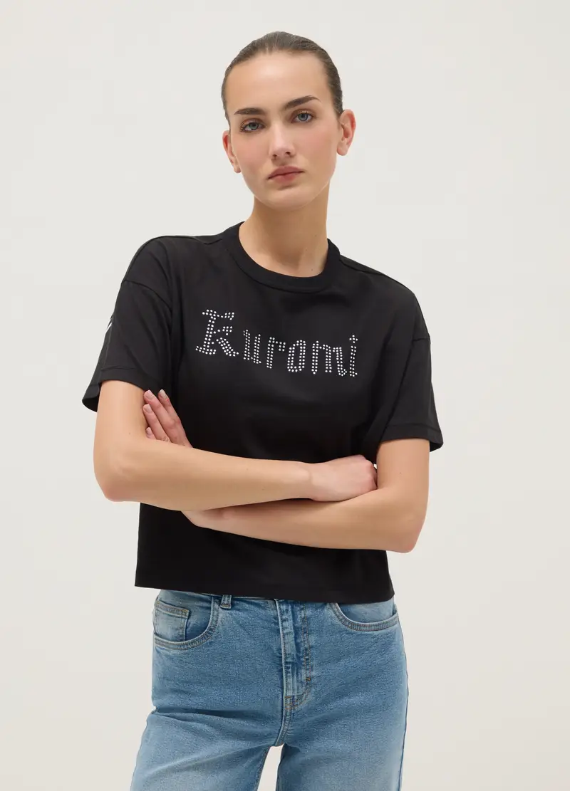 T-shirt In Puro Cotone Nero Regular Fit Con Stampa Kuromi E Strass, Donna, Nero