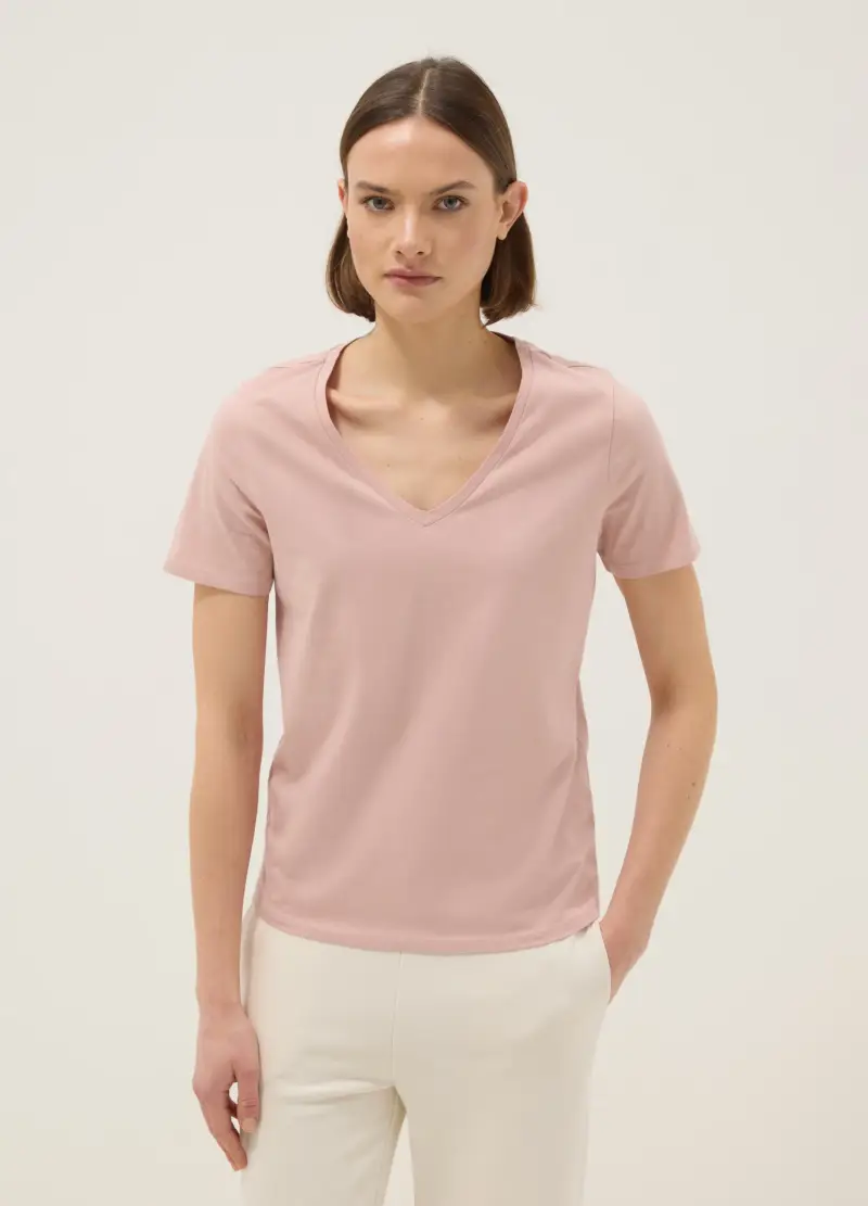 T-shirt In Puro Cotone Rosa Regular Fit Con Scollo A V, Donna, Rosa