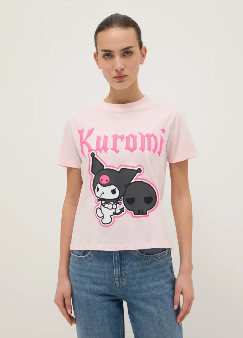 T-shirt In Puro Cotone Rosa Regular Fit Con Stampa Kuromi, Donna, Rosa