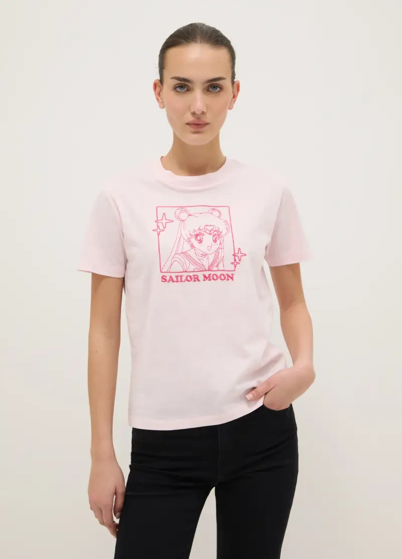 T-shirt In Puro Cotone Rosa Regular Fit Con Stampa Sailor Moon, Donna, Rosa