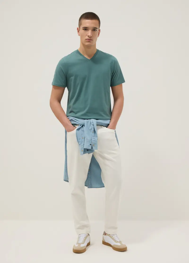 T-shirt In Puro Cotone Verde Regular Fit Con Collo A V, Uomo, Verde miniatura 2