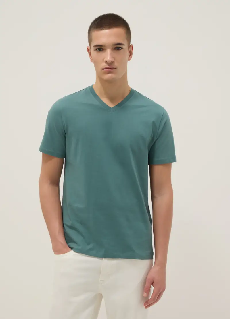 T-shirt In Puro Cotone Verde Regular Fit Con Collo A V, Uomo, Verde miniatura 3