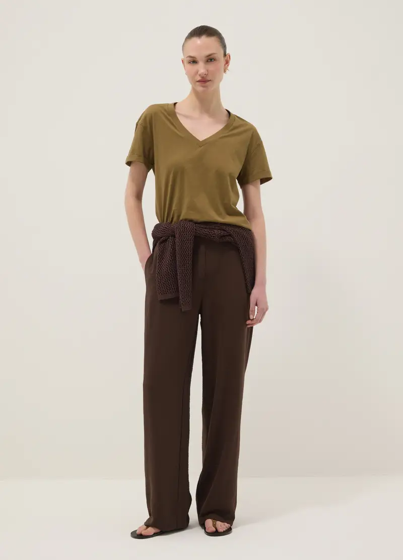 T-shirt In Puro Cotone Verde Relaxed Fit Con Collo A V, Donna, Verde miniatura 2