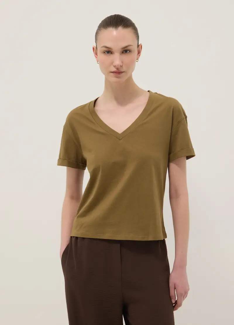T-shirt In Puro Cotone Verde Relaxed Fit Con Collo A V, Donna, Verde miniatura 3