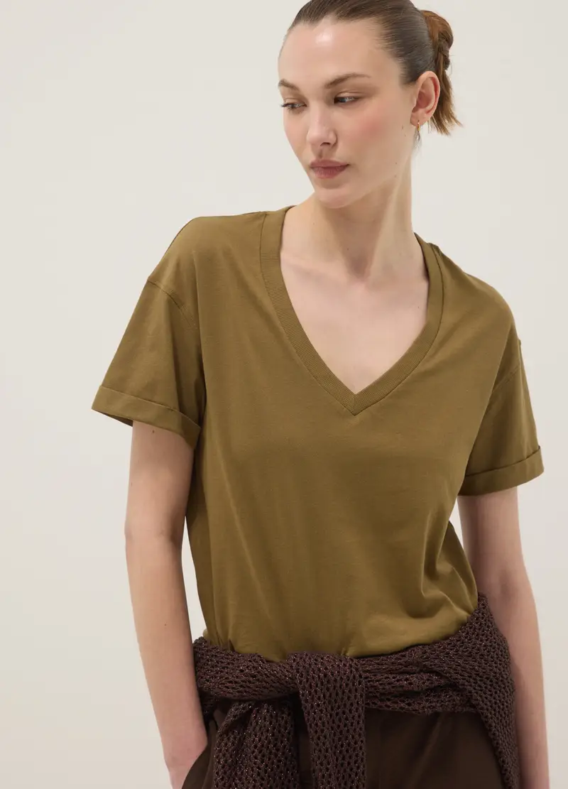 T-shirt In Puro Cotone Verde Relaxed Fit Con Collo A V, Donna, Verde