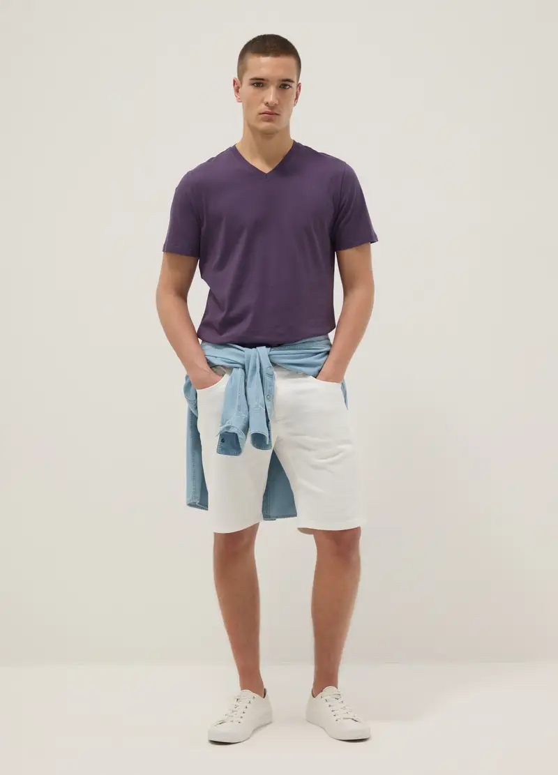 T-shirt In Puro Cotone Viola Regular Fit Con Collo A V, Uomo, Viola miniatura 2