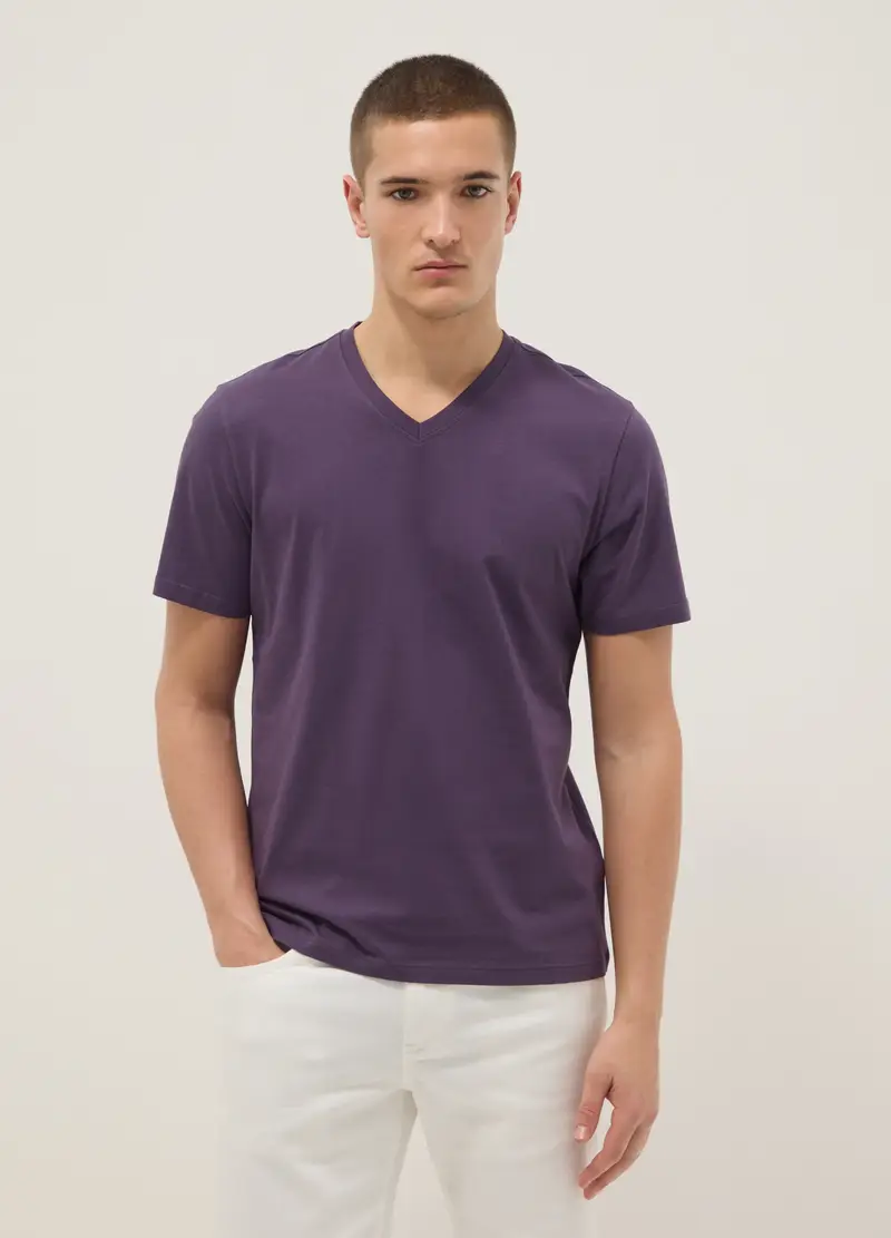 T-shirt In Puro Cotone Viola Regular Fit Con Collo A V, Uomo, Viola