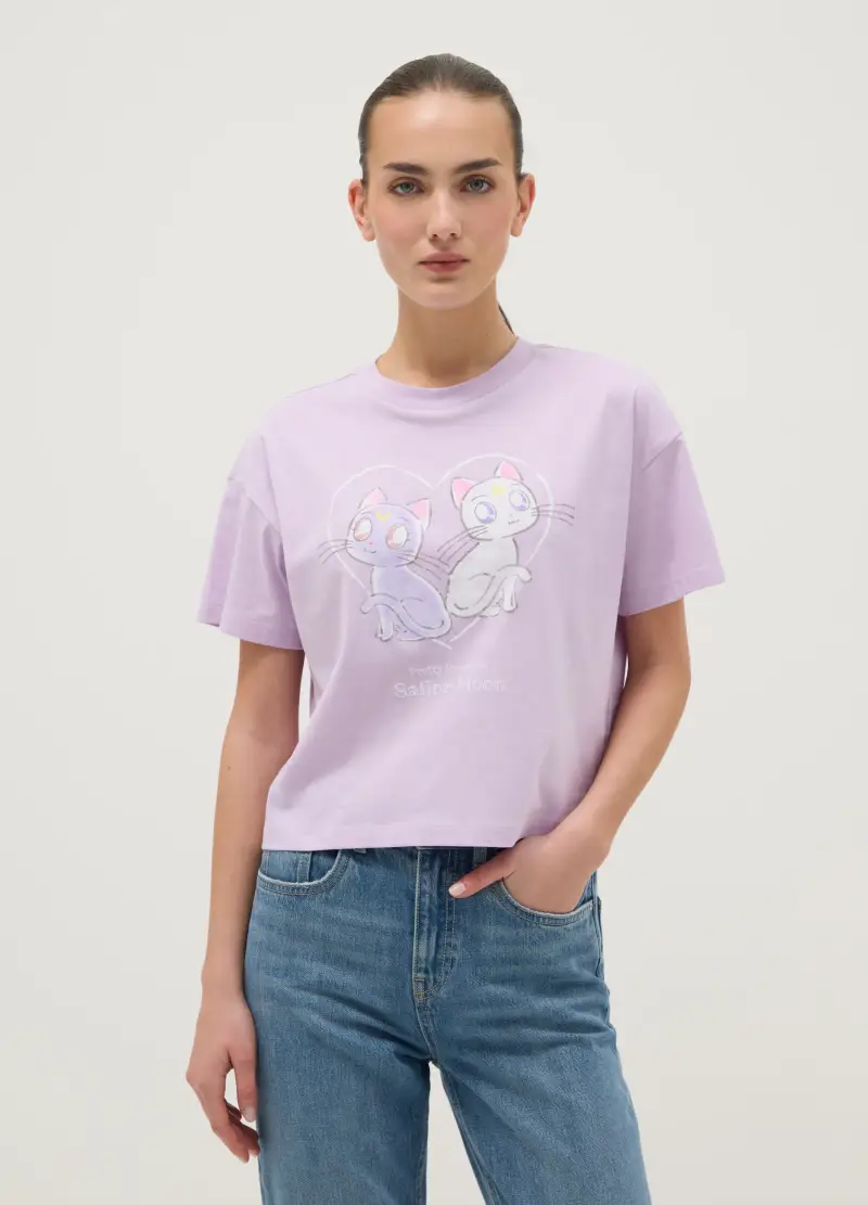T-shirt In Puro Cotone Viola Regular Fit Con Stampa Sailor Moon, Donna, Viola