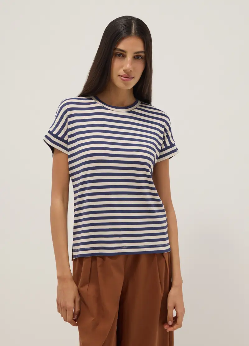 T-shirt In Viscosa Elasticizzata A Righe Multicolor Regular Fit, Donna, Multicolor miniatura 3