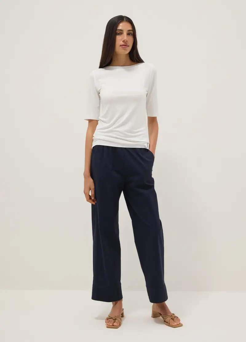 T-shirt In Viscosa Elasticizzata Bianca Regular Fit Con Scollo A Barca, Donna, Bianco miniatura 2