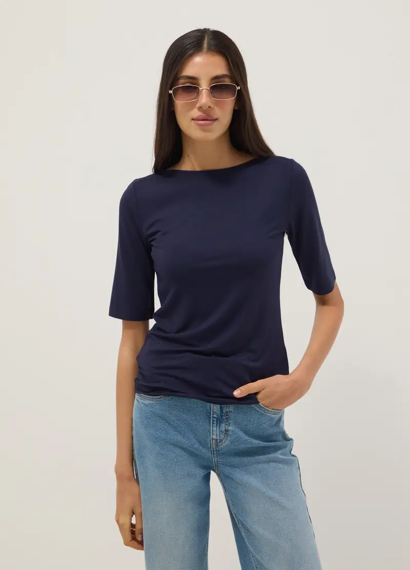 T-shirt In Viscosa Elasticizzata Blu Regular Fit Con Scollo A Barca, Donna, Blu