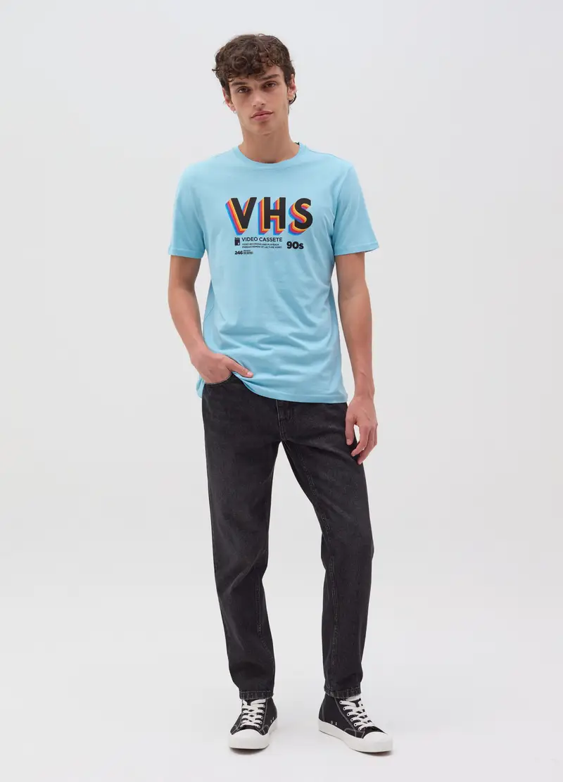 T-shirt Stampa Vintage Video Cassette, Uomo, Azzurro