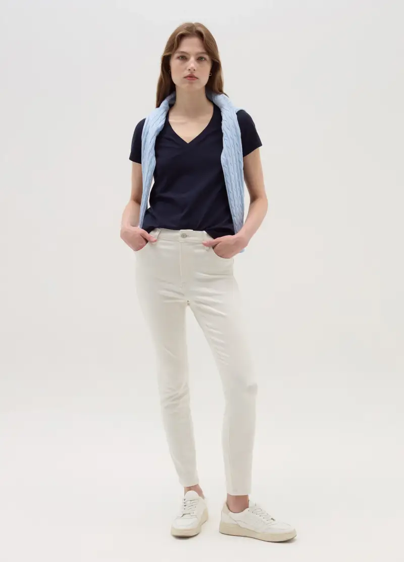 T-shirt Tinta Unita Con Scollo A V, Donna, Blu