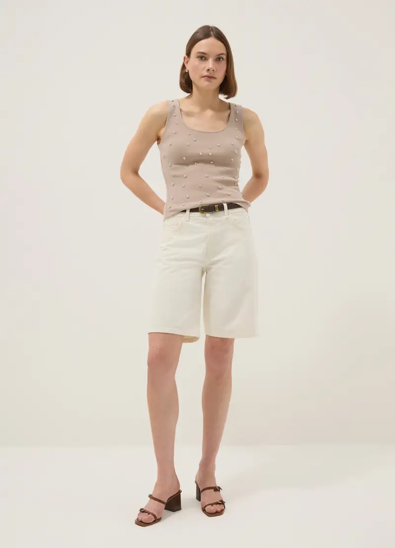 Tank Top Beige Regular Fit Con Applicazioni Metalliche, Donna, Beige miniatura 2
