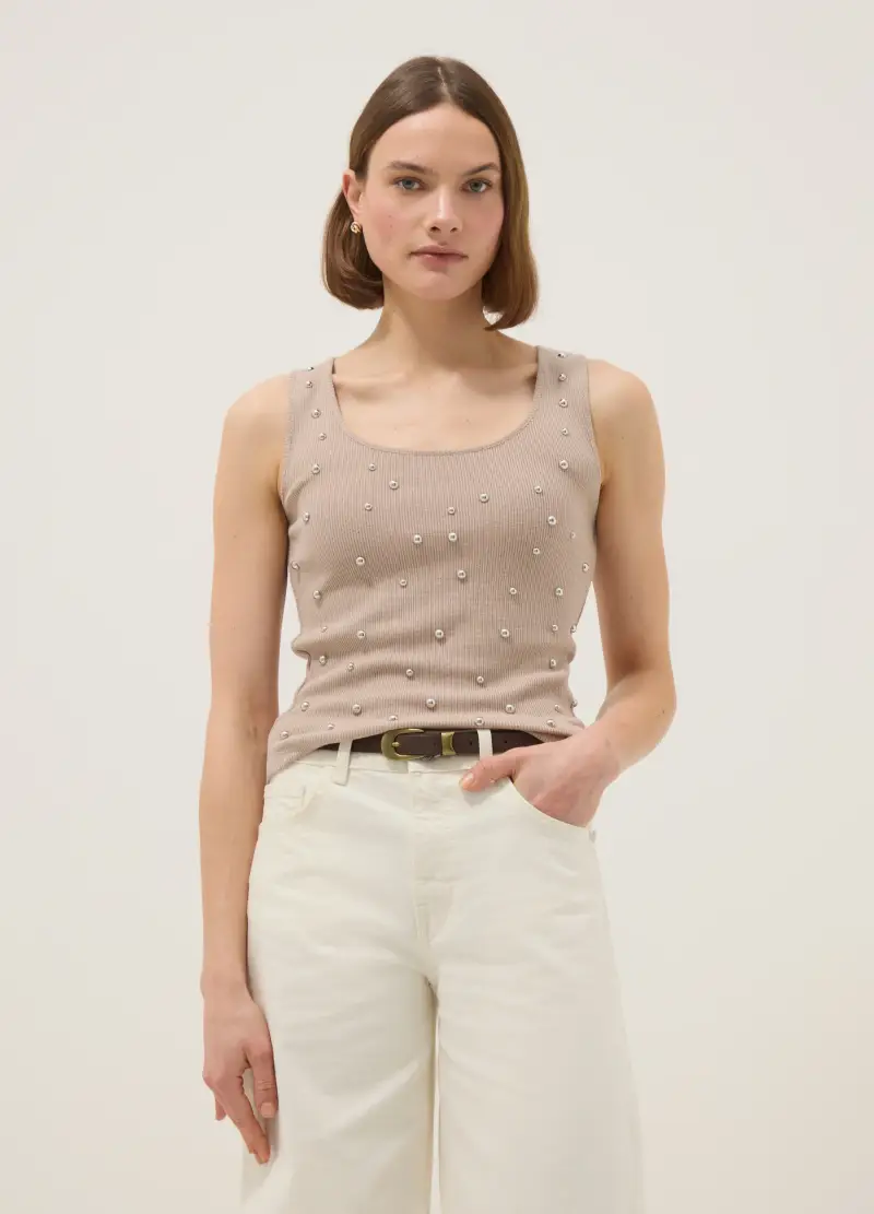 Tank Top Beige Regular Fit Con Applicazioni Metalliche, Donna, Beige