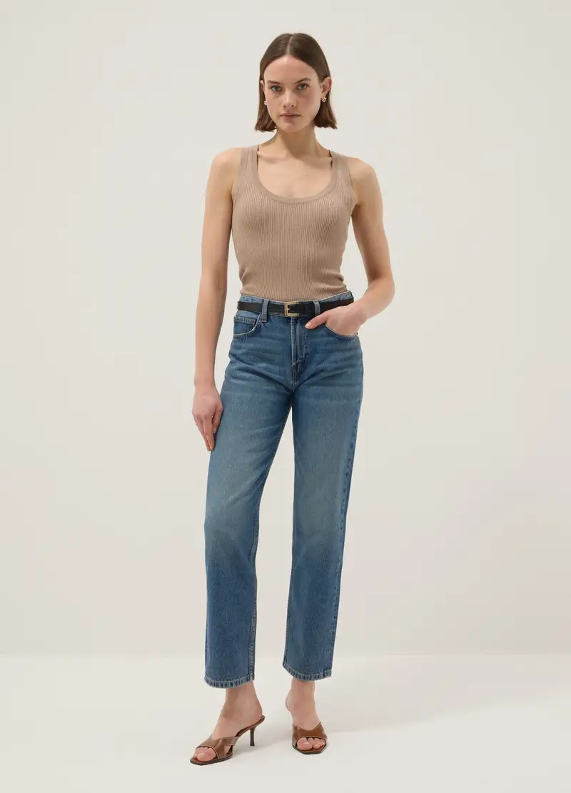 Tank Top Fitted In Misto Viscosa Beige, Donna, Beige miniatura 3