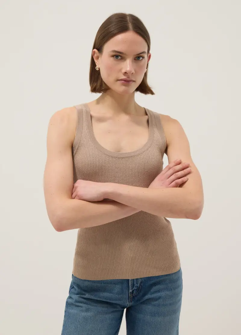 Tank Top Fitted In Misto Viscosa Beige, Donna, Beige