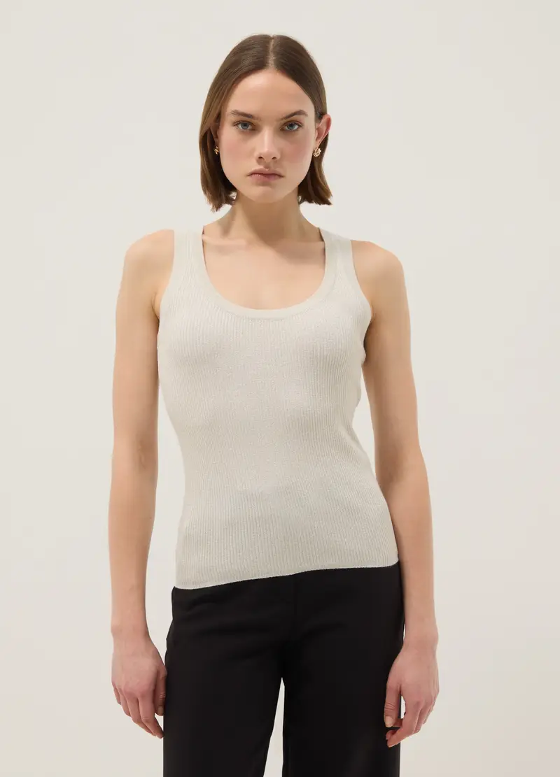 Tank Top Fitted In Misto Viscosa Bianco, Donna, Bianco miniatura 2