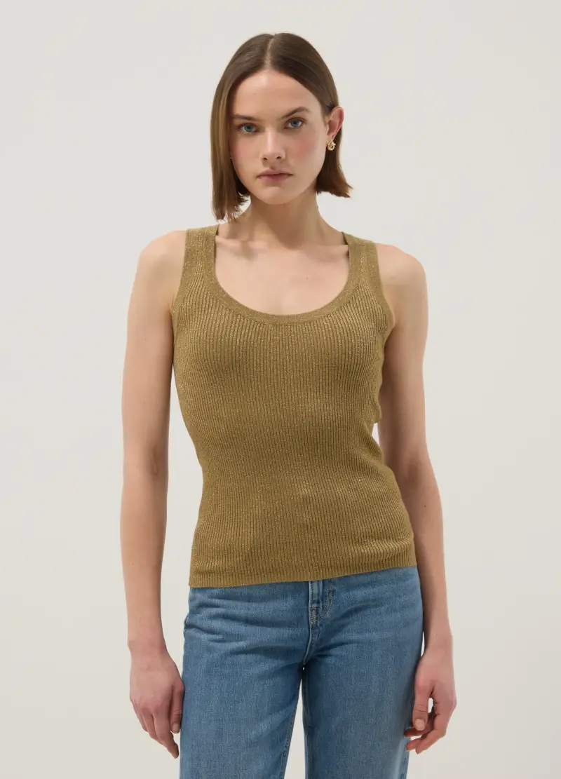 Tank Top Fitted In Misto Viscosa Marrone, Donna, Marrone