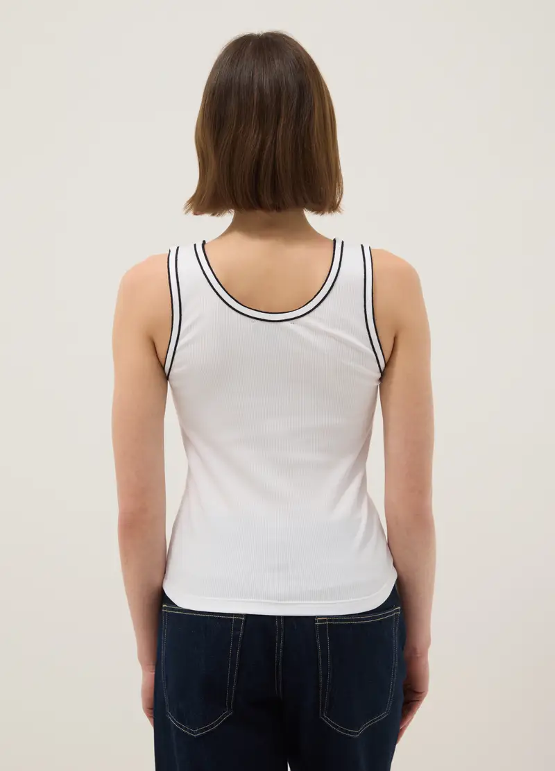 Tank Top In Cotone Elasticizzato Bianco Regular Fit Con Bordo, Donna, Bianco miniatura 2