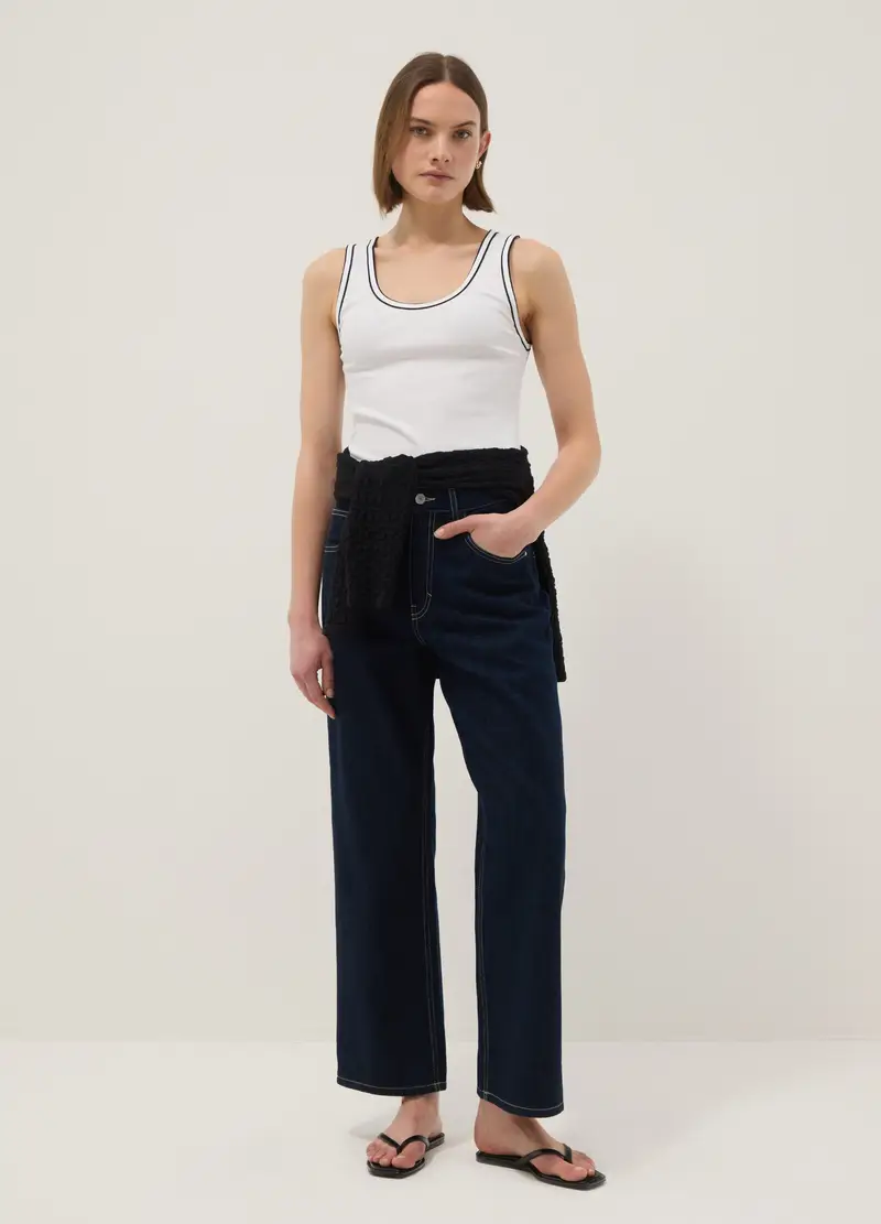 Tank Top In Cotone Elasticizzato Bianco Regular Fit Con Bordo, Donna, Bianco miniatura 3