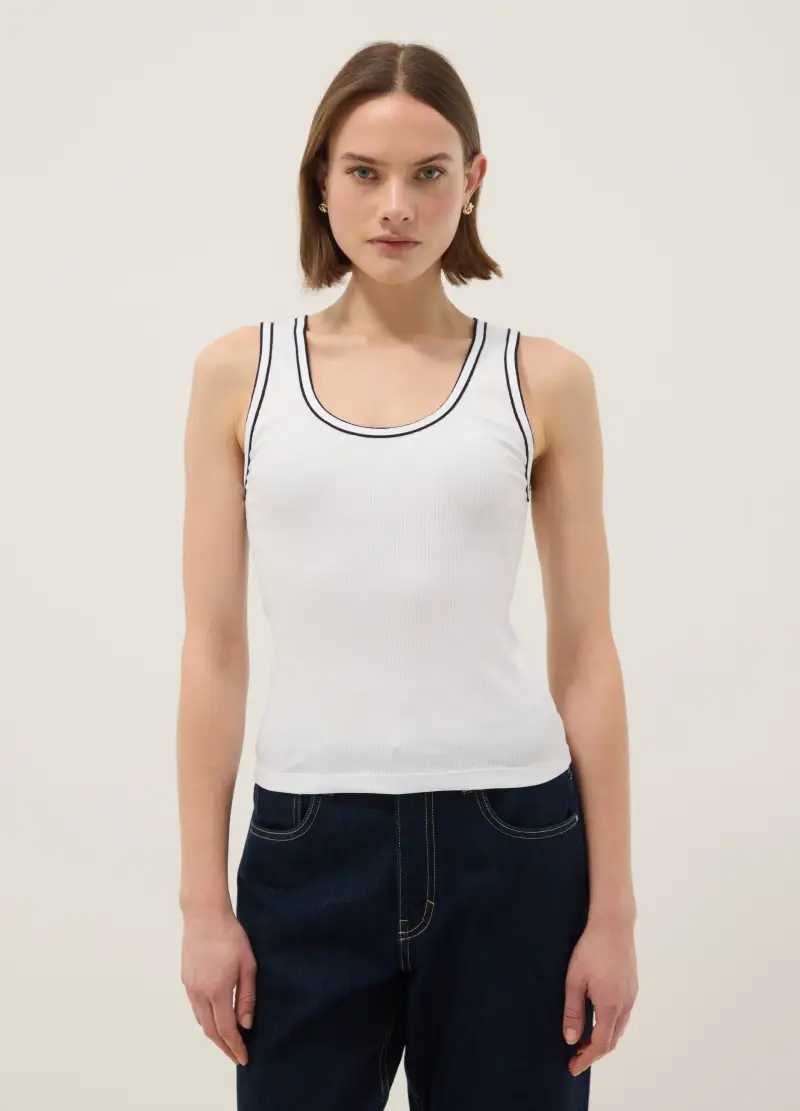 Tank Top In Cotone Elasticizzato Bianco Regular Fit Con Bordo, Donna, Bianco
