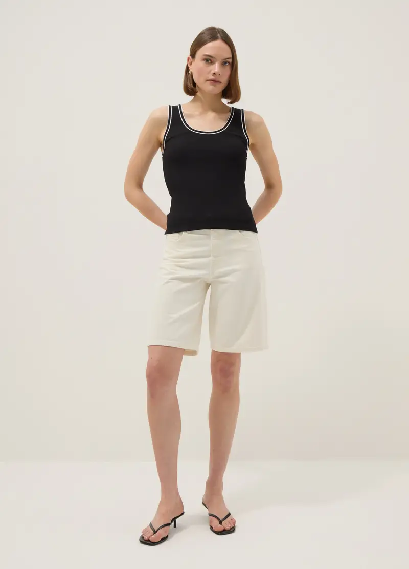 Tank Top In Cotone Elasticizzato Nero Regular Fit Con Bordo, Donna, Nero miniatura 3