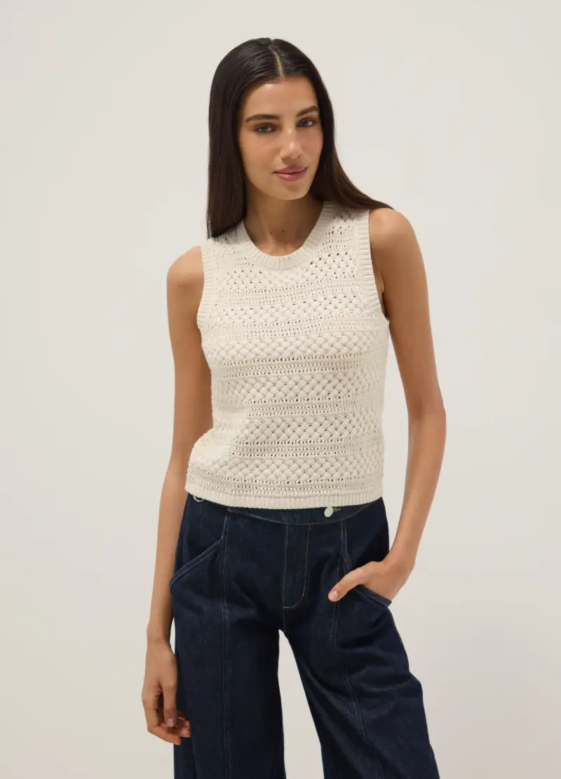 Tank Top In Misto Cotone Bianco Regular Fit Con Texture Traforata, Donna, Bianco miniatura 2
