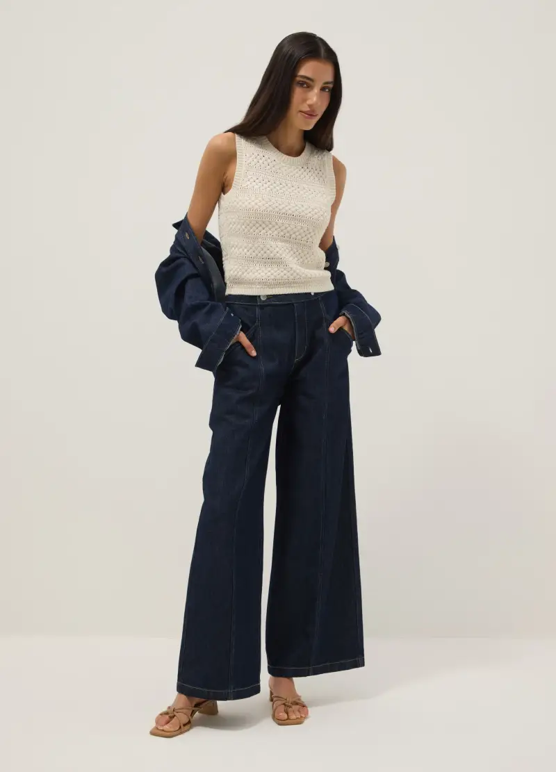 Tank Top In Misto Cotone Bianco Regular Fit Con Texture Traforata, Donna, Bianco miniatura 3