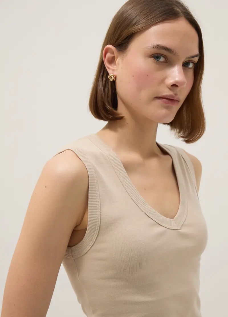 Tank Top In Puro Cotone Beige Regular Fit Con Collo A V, Donna, Beige