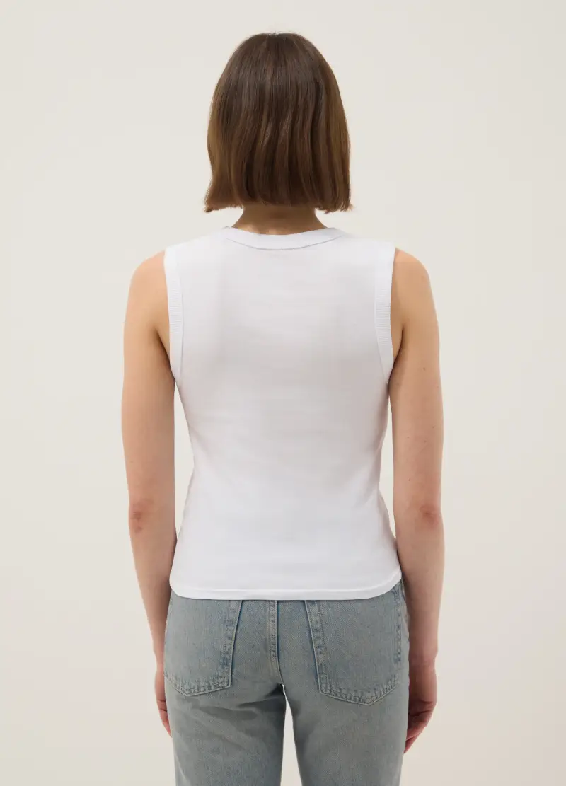 Tank Top In Puro Cotone Bianco Regular Fit Con Collo A V, Donna, Bianco miniatura 2