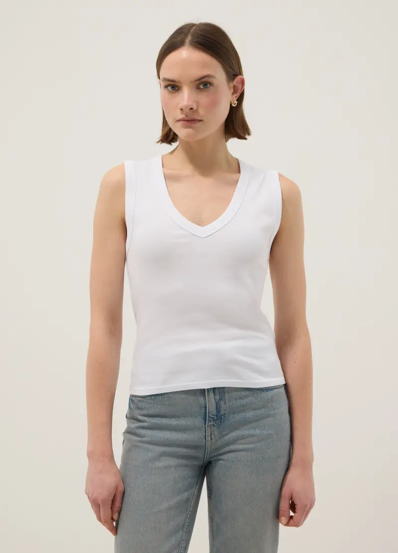 Tank Top In Puro Cotone Bianco Regular Fit Con Collo A V, Donna, Bianco