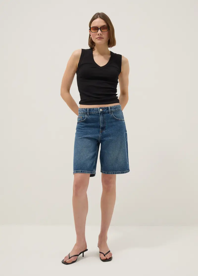 Tank Top In Puro Cotone Nero Regular Fit Con Collo A V, Donna, Nero miniatura 2