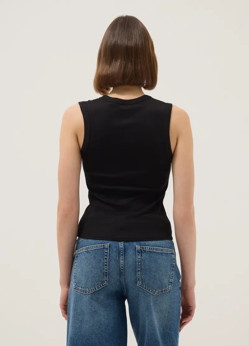 Tank Top In Puro Cotone Nero Regular Fit Con Collo A V, Donna, Nero miniatura 3