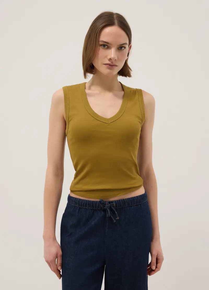 Tank Top In Puro Cotone Verde Regular Fit Con Collo A V, Donna, Verde miniatura 2