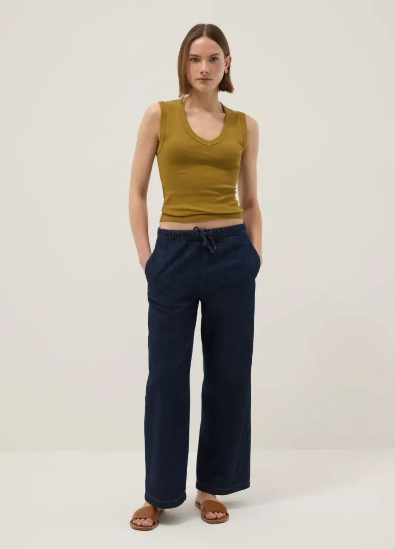 Tank Top In Puro Cotone Verde Regular Fit Con Collo A V, Donna, Verde