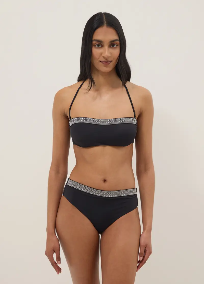 Top Bikini A Fascia In Tessuto Elasticizzato Nero Con Perline, Donna, Nero miniatura 2