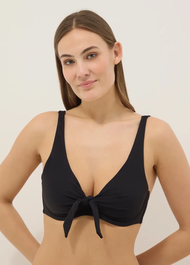 Top Bikini Elasticizzato Nero Con Fiocco, Donna, Nero