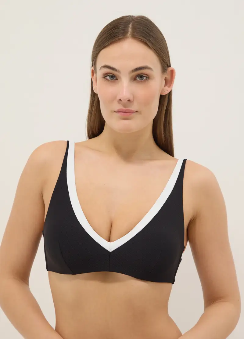 Top Bikini In Tessuto Elasticizzato Nero E Bianco Con Scollo A V, Donna, Multicolor miniatura 3